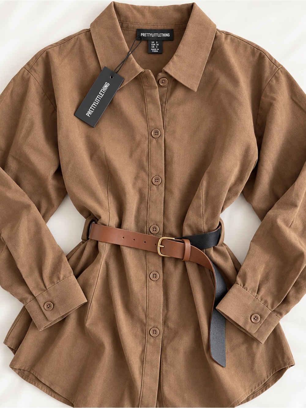 PrettyLittleThing Brown Long Sleeve Shirt Dress with Two-Tone Belt - Picture 5 of 5